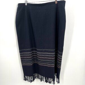 Vintage Blanket Fringe Skirt Wool Blend Navy Blue Schoolgirl Size 24W